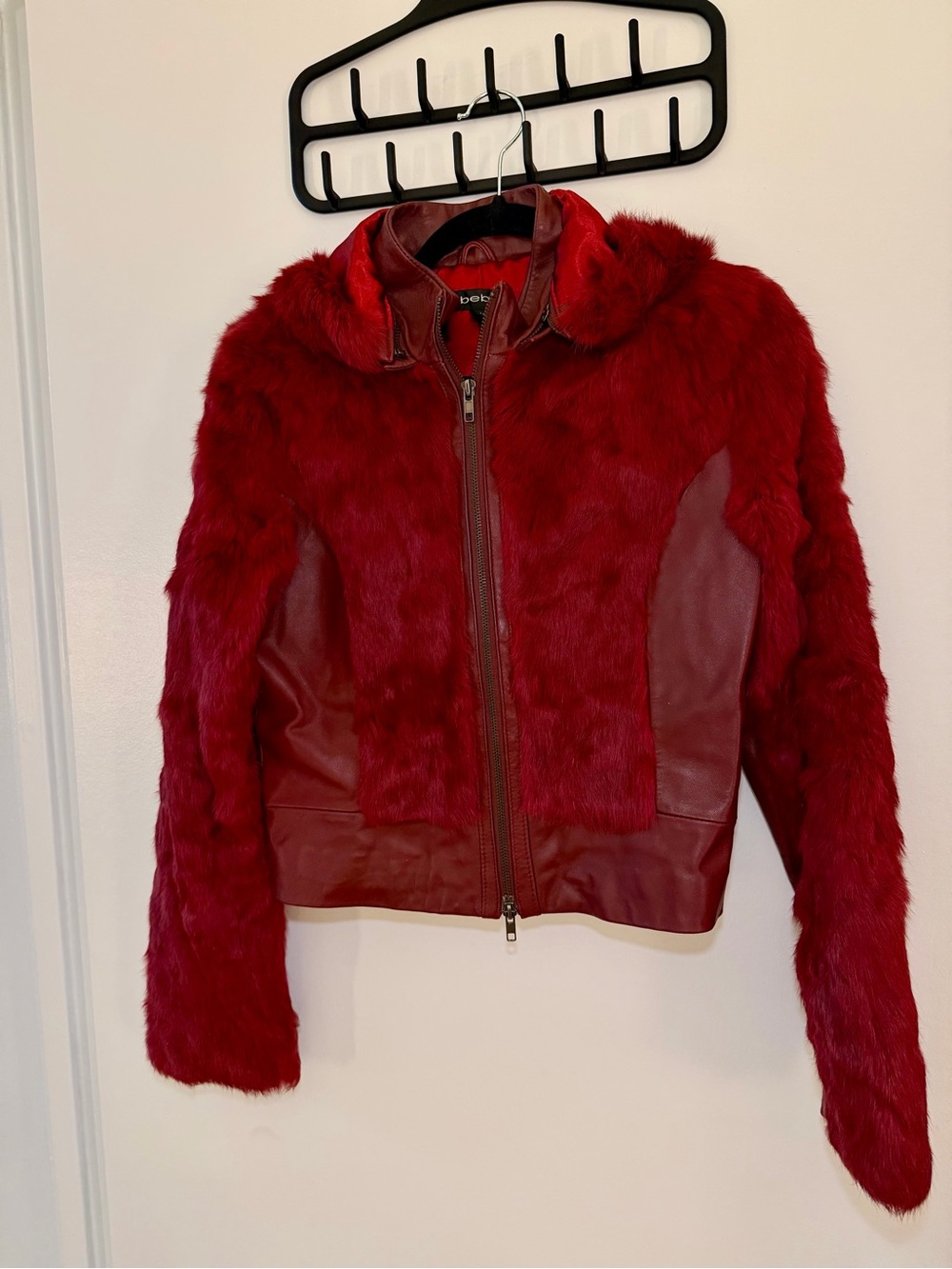 Bebe Vintage leather and fur hooded jacket